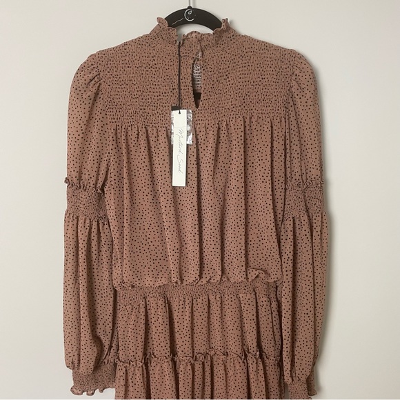 Mustard Seed: Mini Mock Neck Beige Black Polka Dot Dress Size M  Long sleeve - Picture 4 of 8